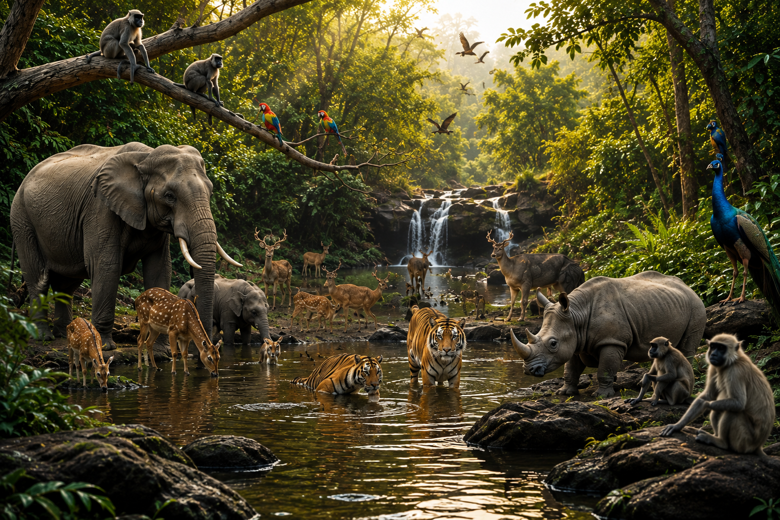 Wild animals in a tropical jungle including elephant, tiger, rhino, deer, monkeys and birds