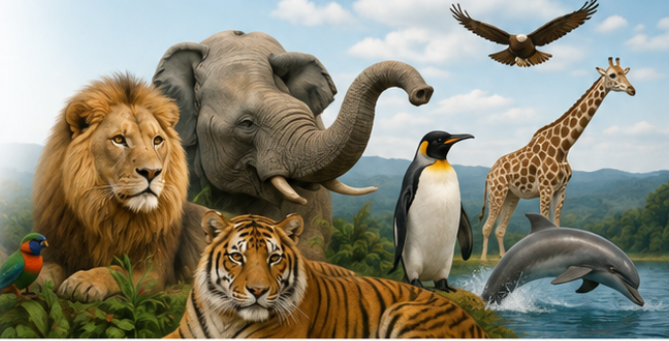 The fascinating world of animals including a lion, elephant, tiger, penguin, giraffe, and dolphin