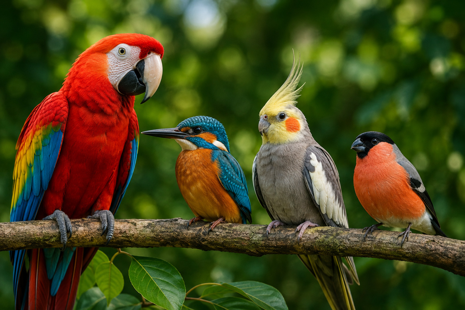 Colorful birds sitting on a branch in a natural habitat