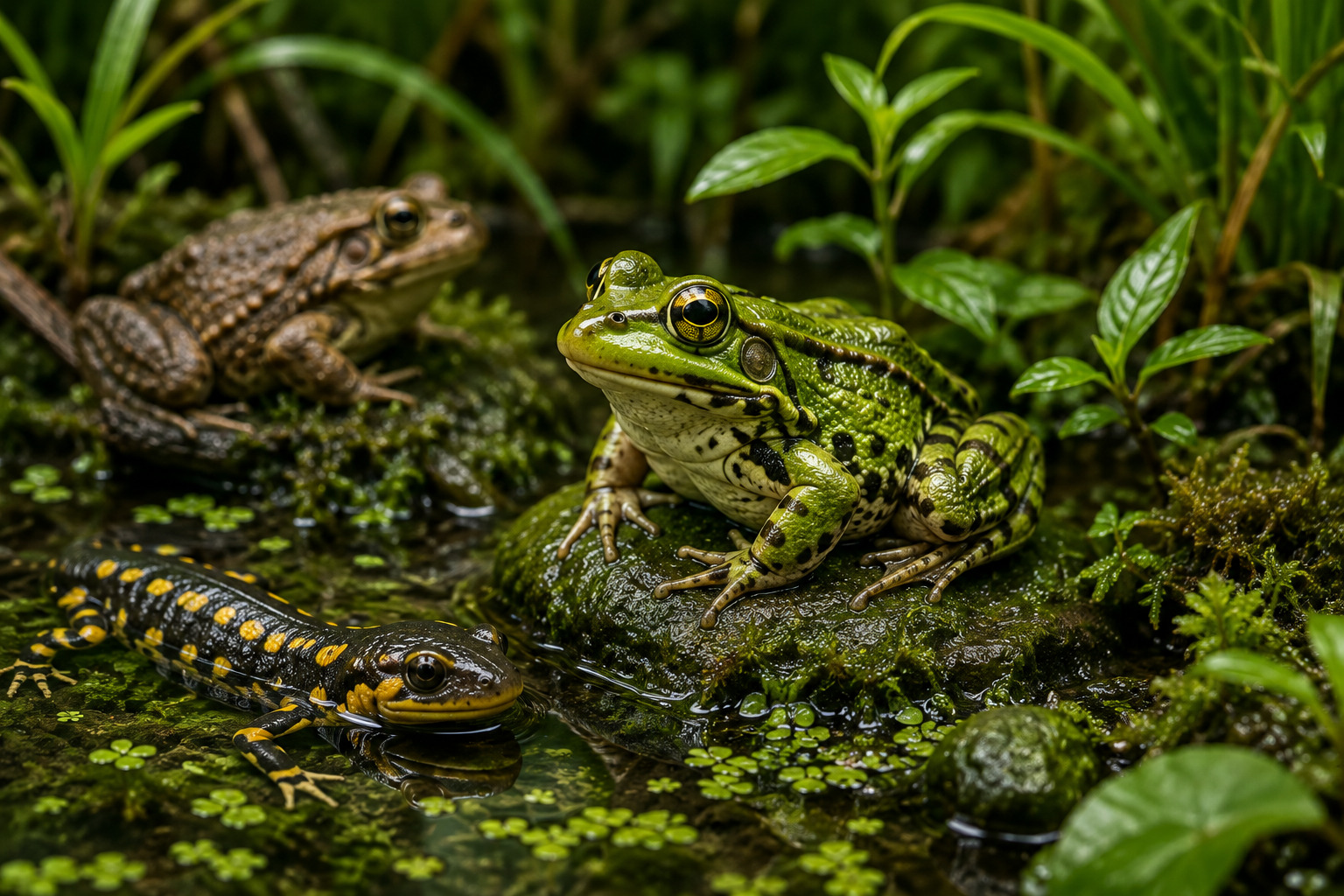 Frog and other amphibians in a natural wetland habitat