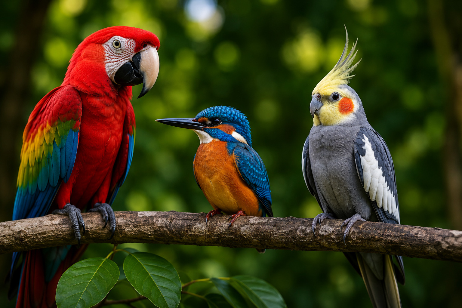 Colorful birds perched on a branch in a natural habitat