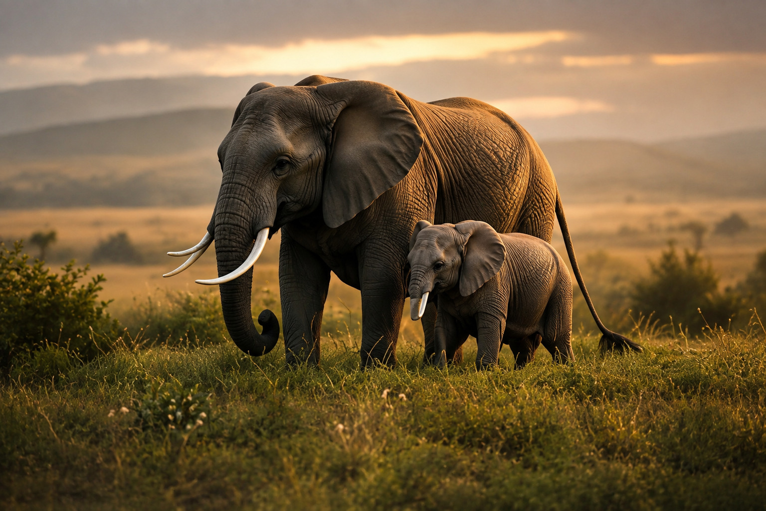 African elephant mother walking with her baby through the golden savanna
