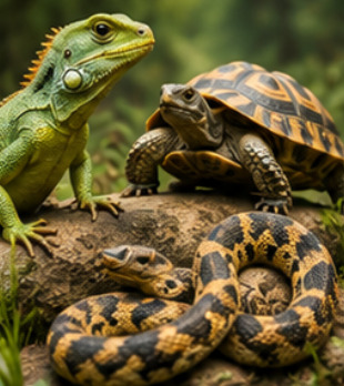 Reptiles including a lizard turtle and snake in a natural habitat