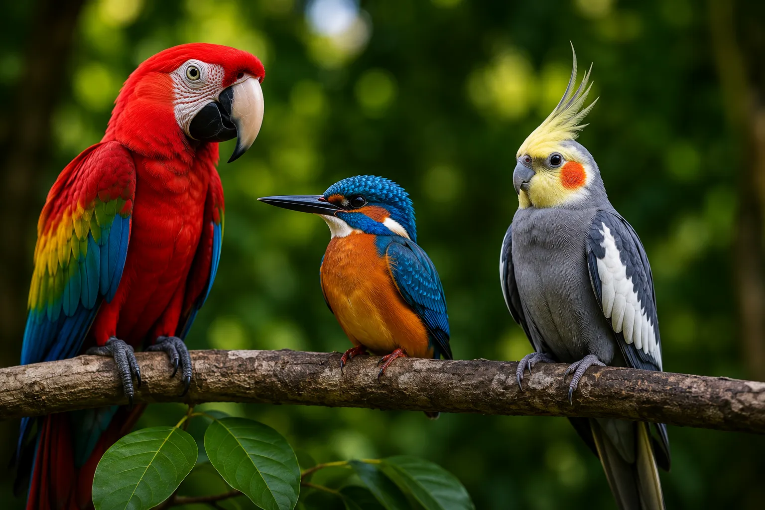 Colorful birds perched on a branch in a natural habitat