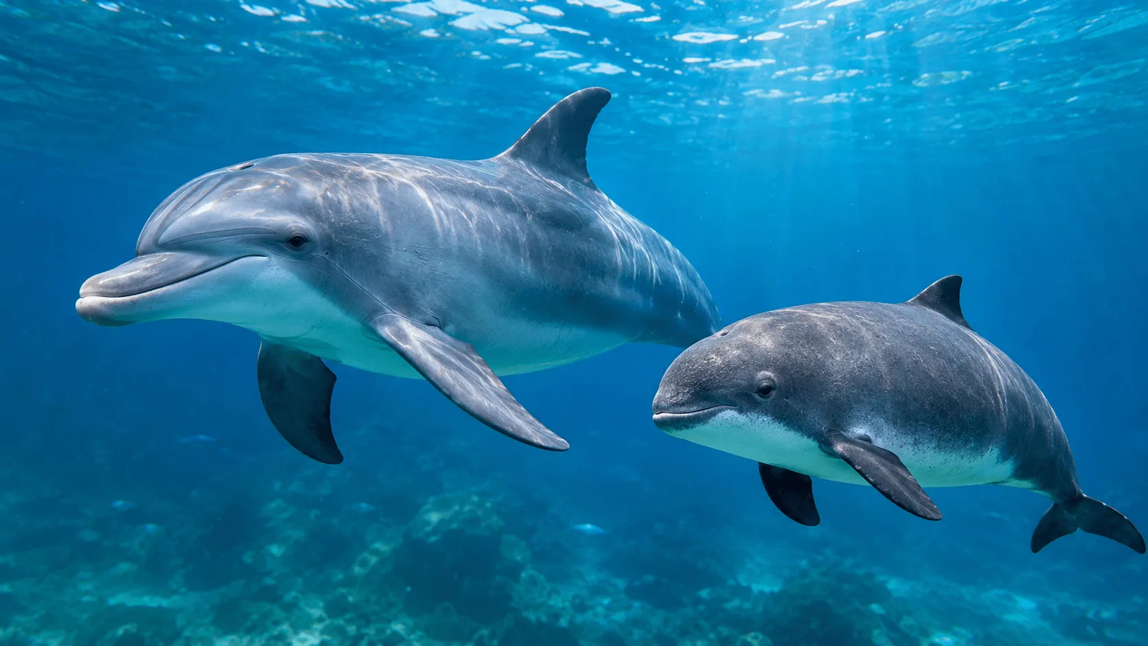 Porpoise vs dolphin swimming underwater