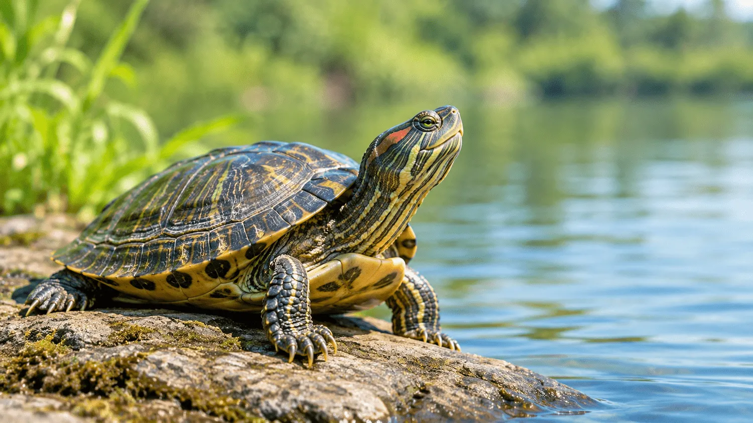 Turtle basking by a pond