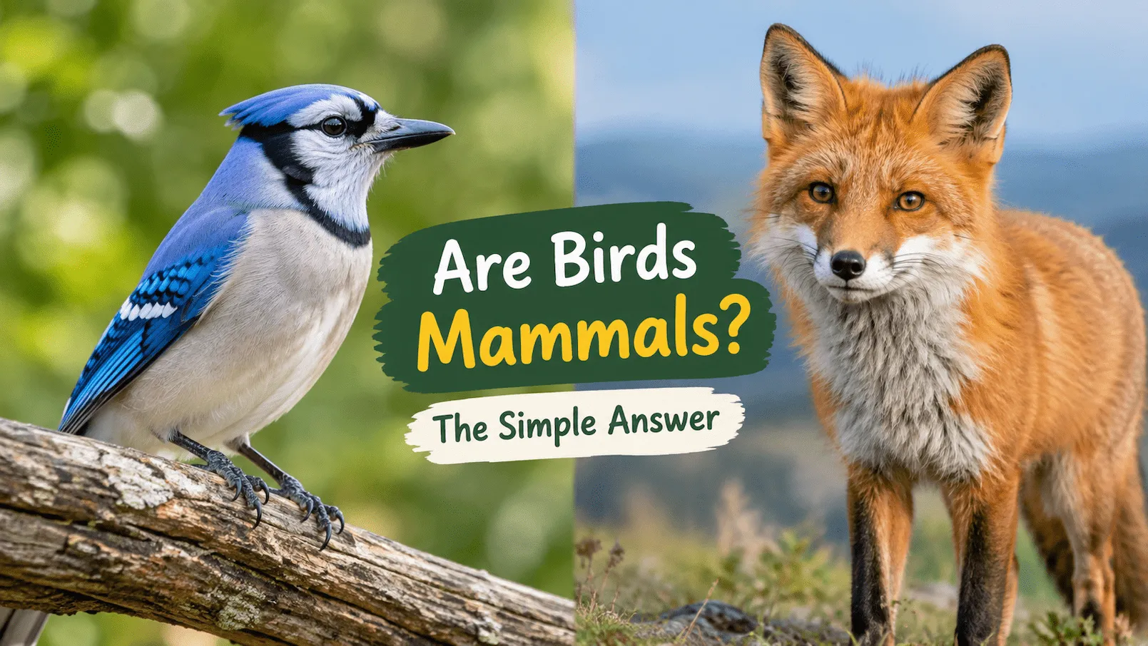 Are birds mammals? Educational comparison showing the differences between birds and mammals, including feathers, eggs, hair, fur, and milk production.