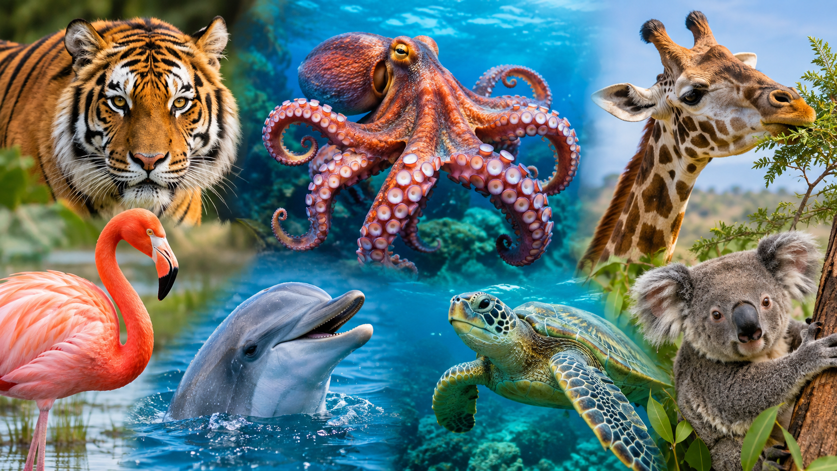 Crazy animal facts featuring a tiger, octopus, giraffe, flamingo, dolphin, sea turtle, and koala