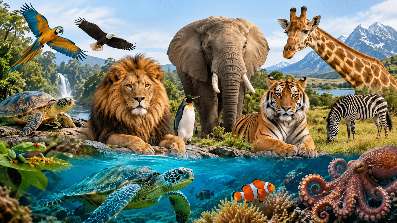 Animal kingdom featuring mammals, birds, reptiles, amphibians, fish, and other animals