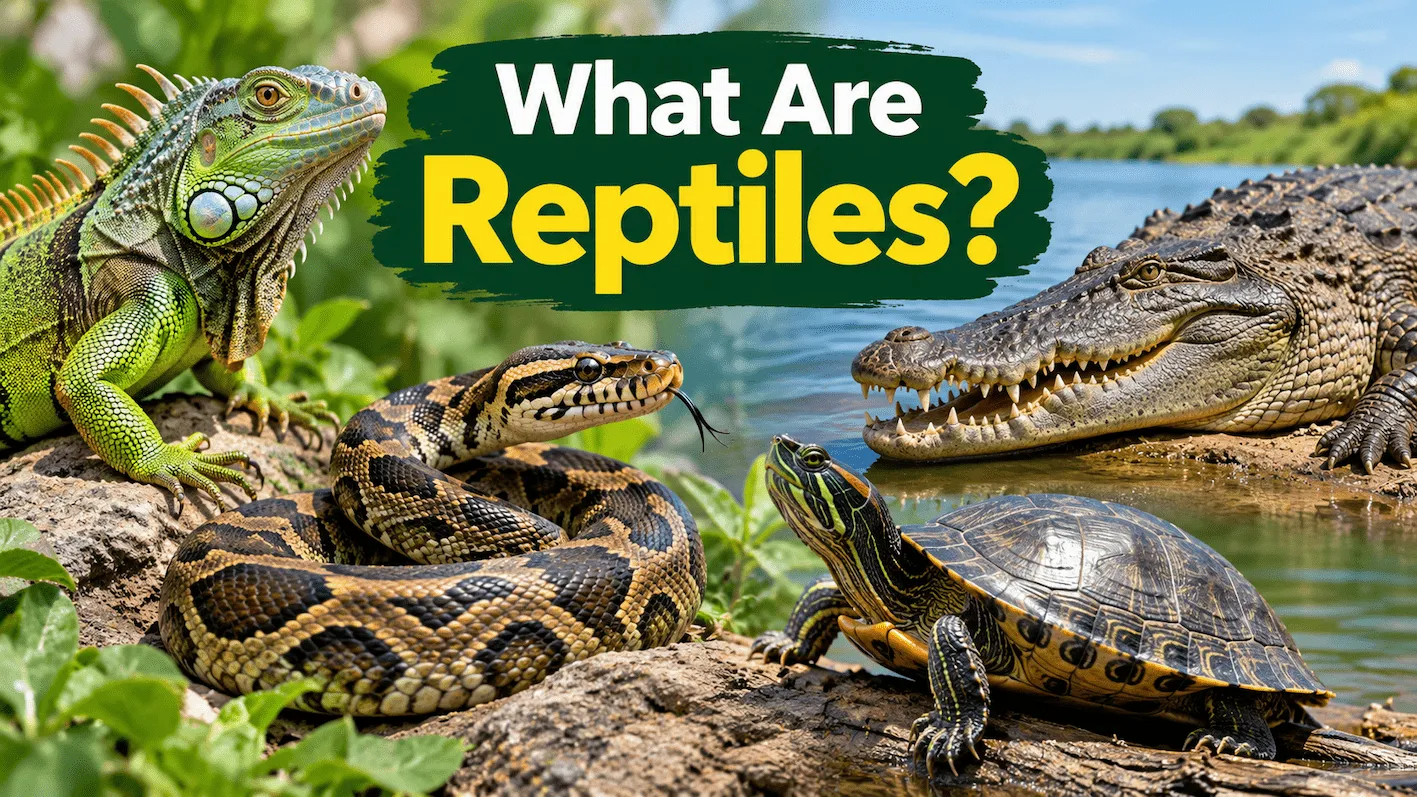 What are reptiles including a snake, lizard, turtle, and crocodile