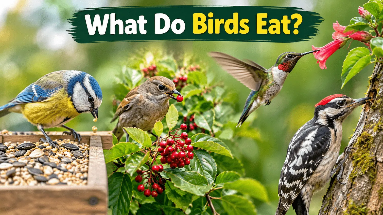 What do birds eat? Different birds feeding on seeds, berries, nectar, and insects