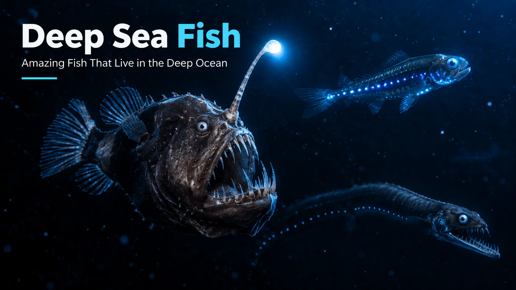 Deep sea fish swimming in the dark ocean with bioluminescent light