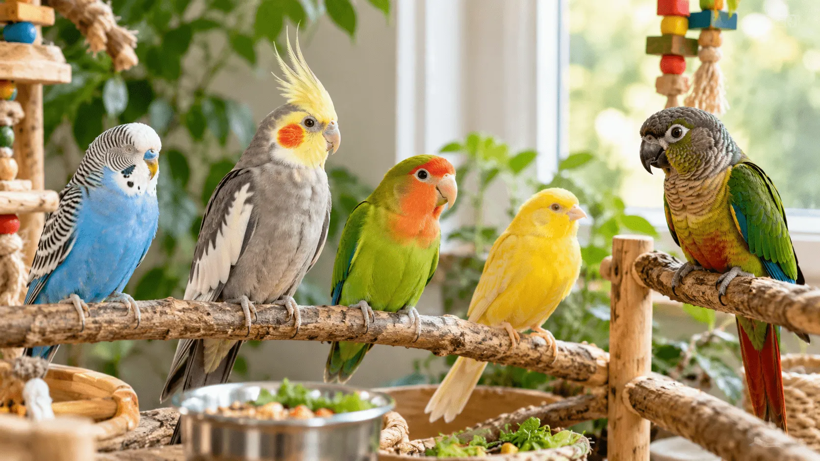 Popular pet birds including a budgie, cockatiel, lovebird, canary, and parrot