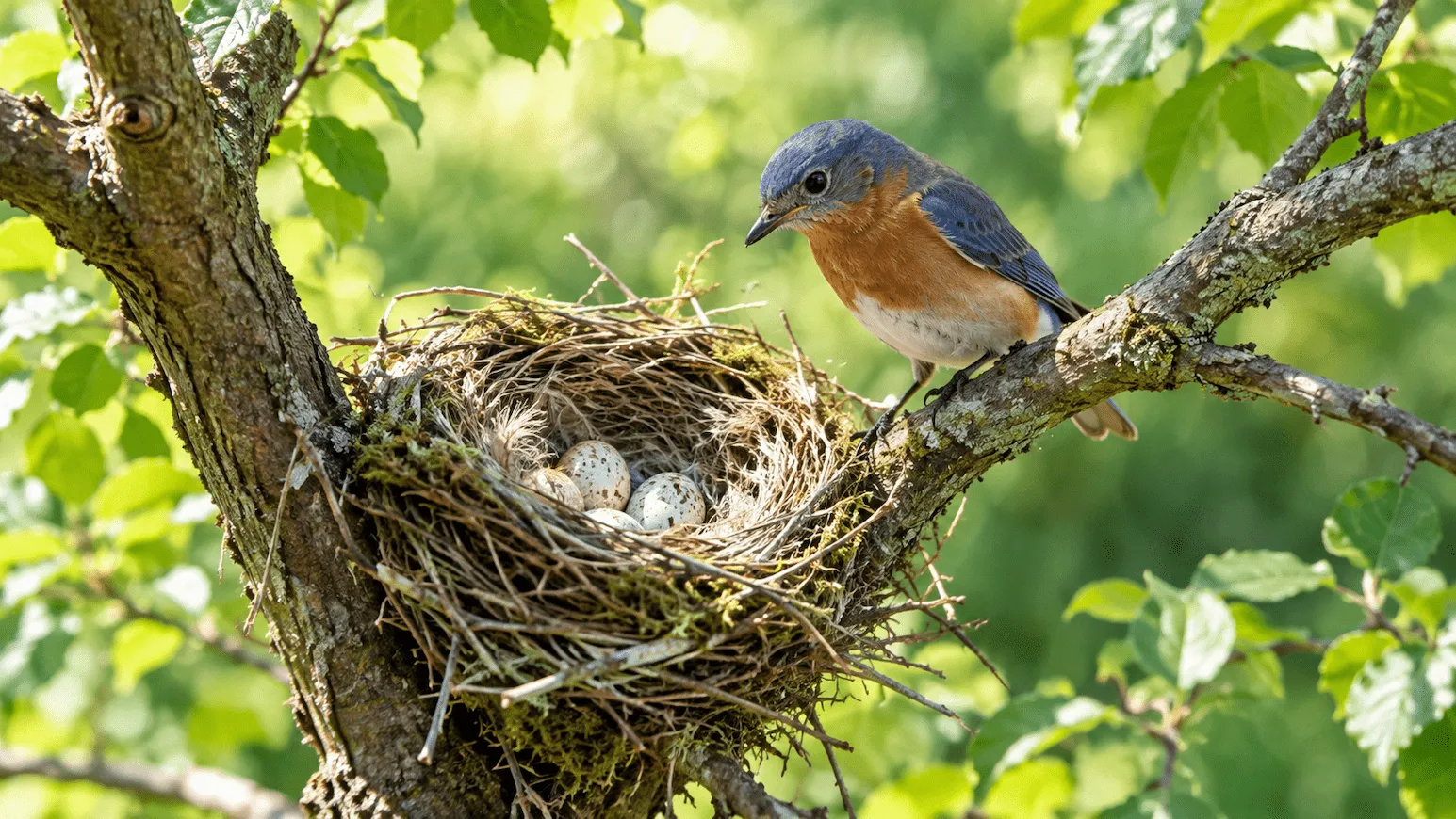 Bird nest with eggs on a tree branch