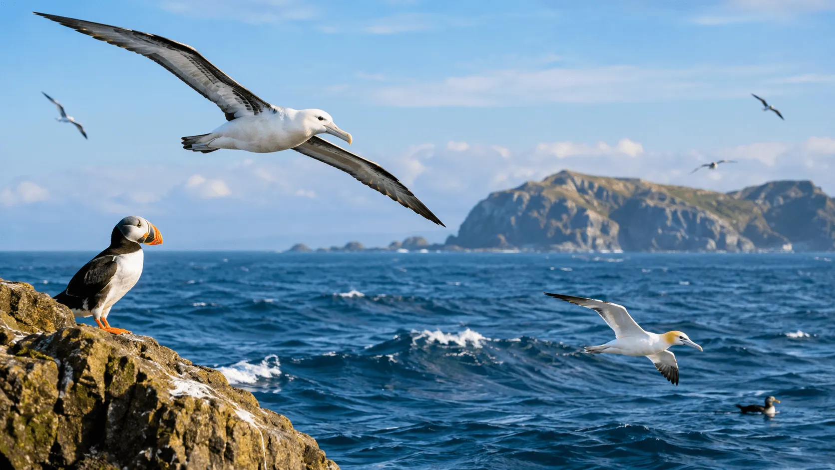 Sea birds flying over the ocean