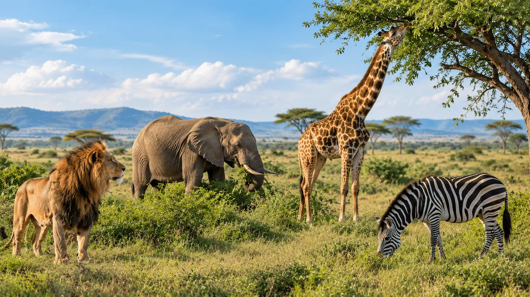 Wild animals including a lion, giraffe, elephant, and zebra feeding in an African savanna