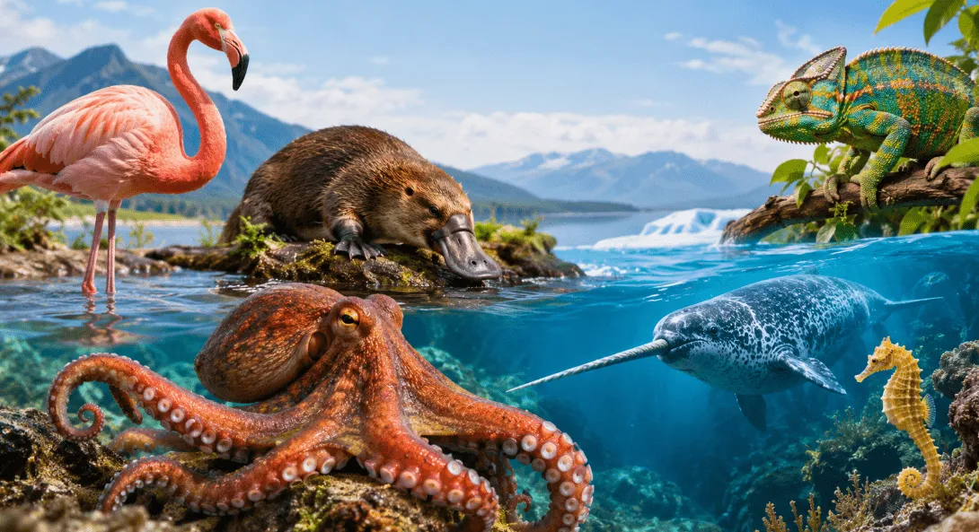 Weird animal facts featuring an octopus, flamingo, platypus, chameleon, narwhal and seahorse