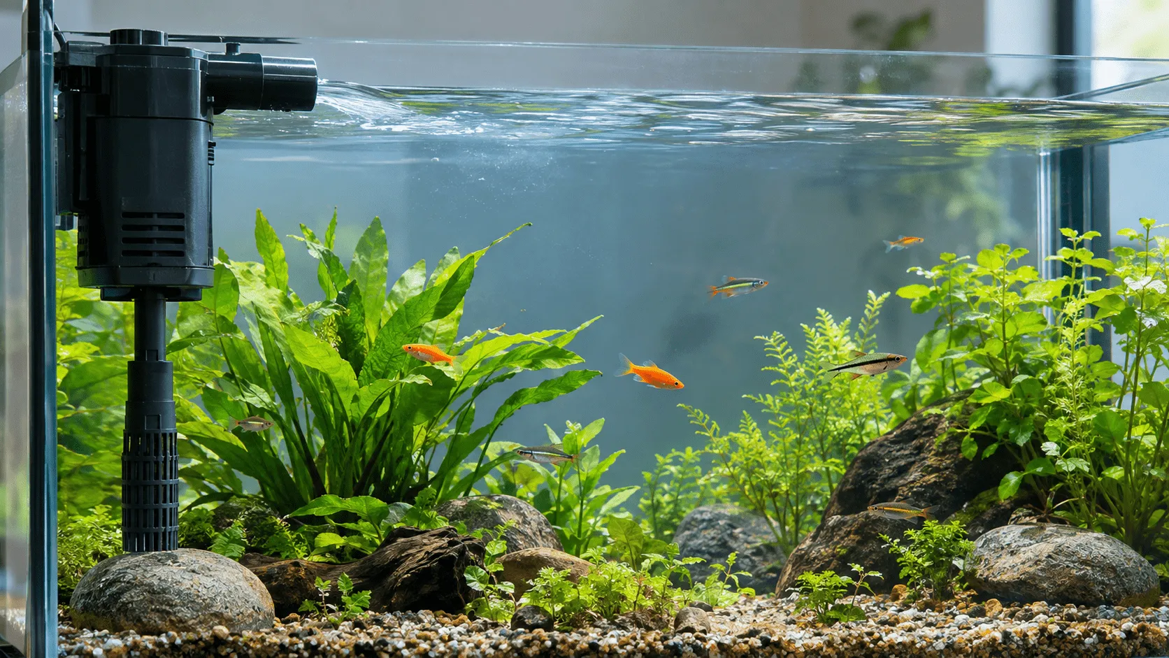 Fish tank filter circulating water in a freshwater aquarium