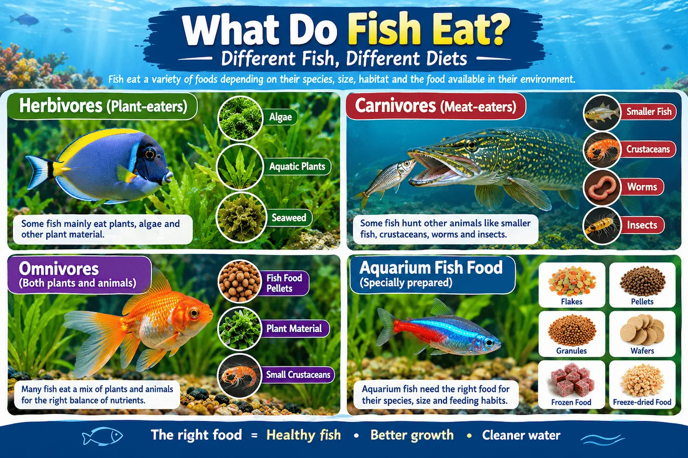 What do fish eat including plants, algae, insects, worms, crustaceans, smaller fish, and aquarium food